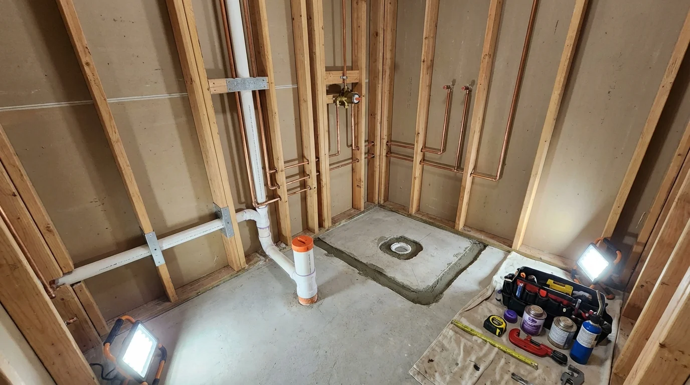 Bathroom rough-in plumbing during remodel by Johns Plumbing LLC in Boca Raton