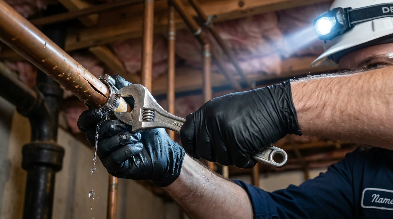 Emergency pipe clamp repair being performed by a Johns Plumbing LLC plumber in Boca Raton