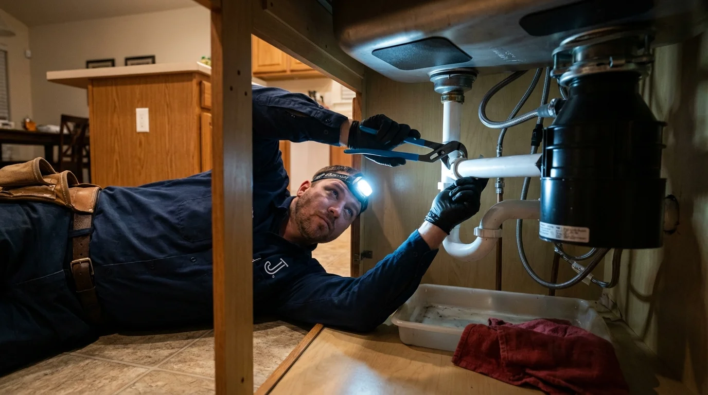 P-trap and supply line connections under a kitchen sink showing a common leak point in Boca Raton, FL